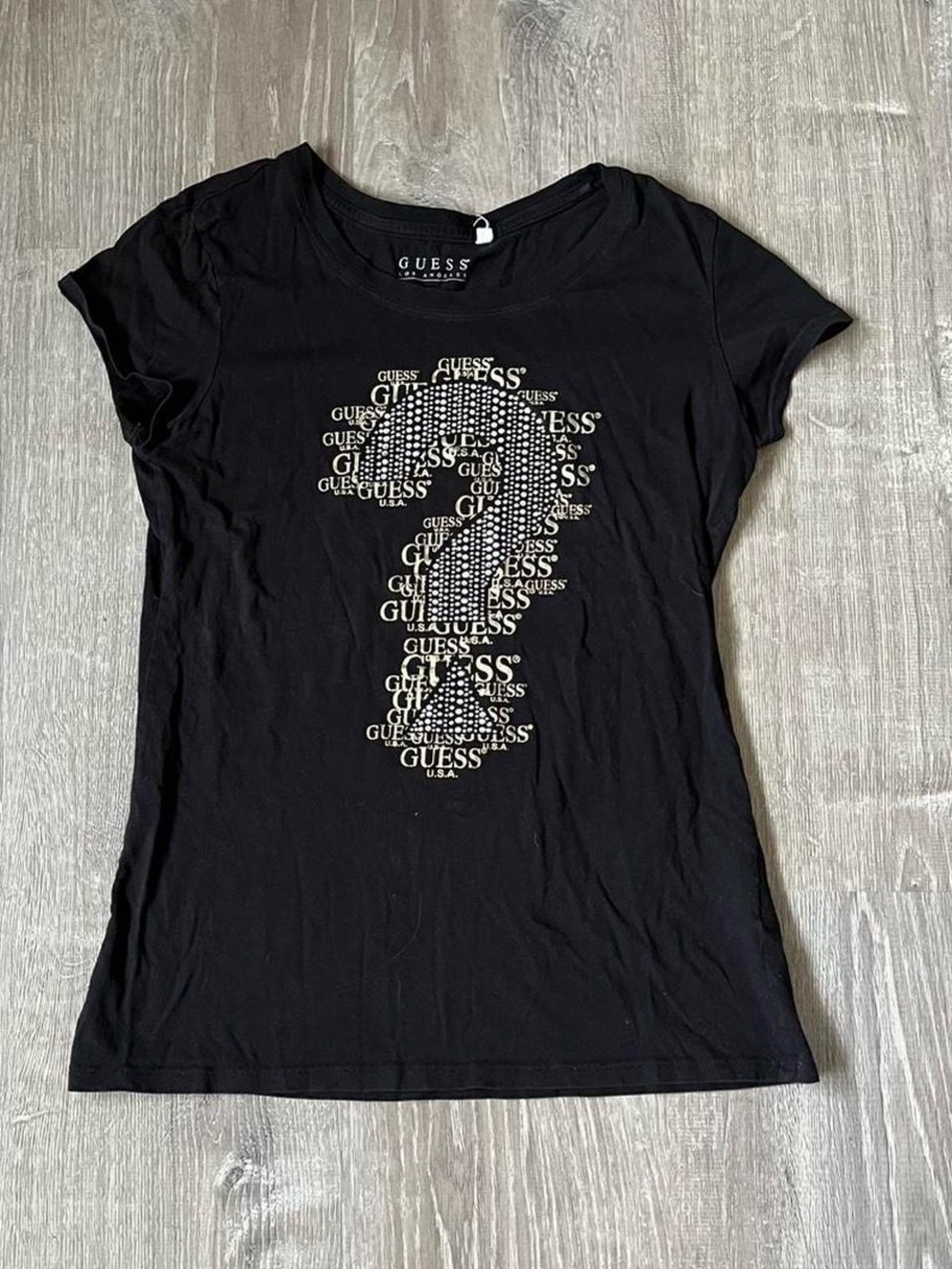 Guess Sasha black rhinestone question mark shirt